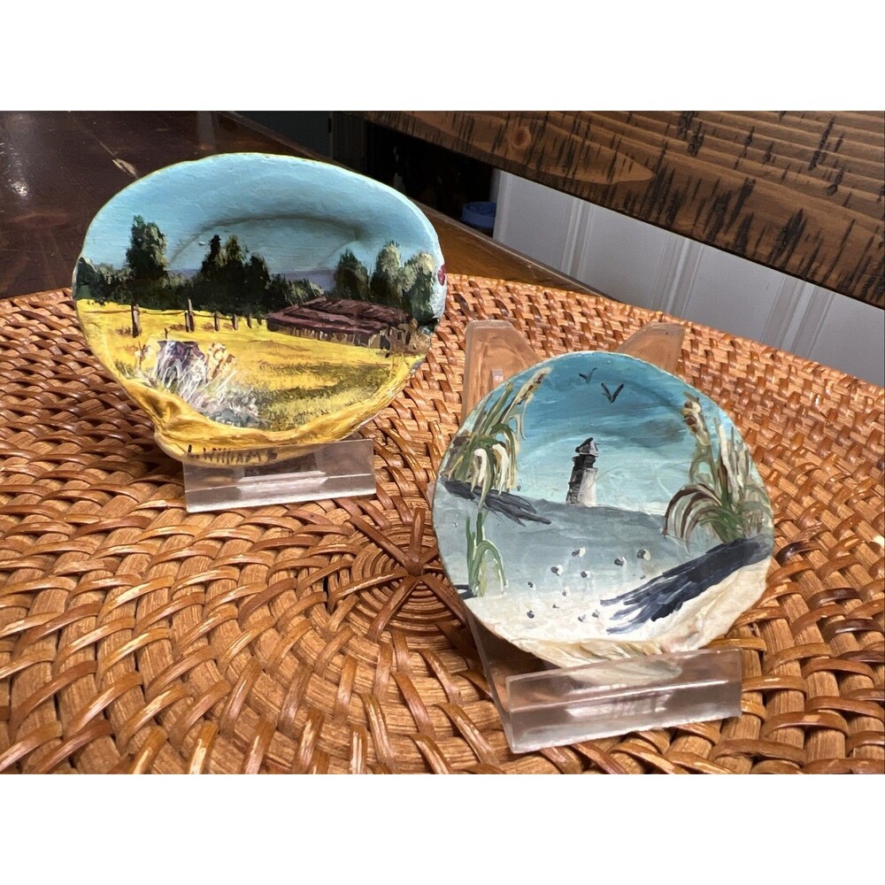 2 Vintage  Hand Painted Real Clam Shells Lighthouse And Country Barn Scenes